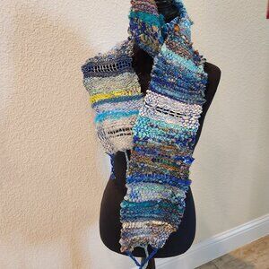 Scarf, hand weaved, soft in multi colors, made with wool, cotton, silk, velvet.